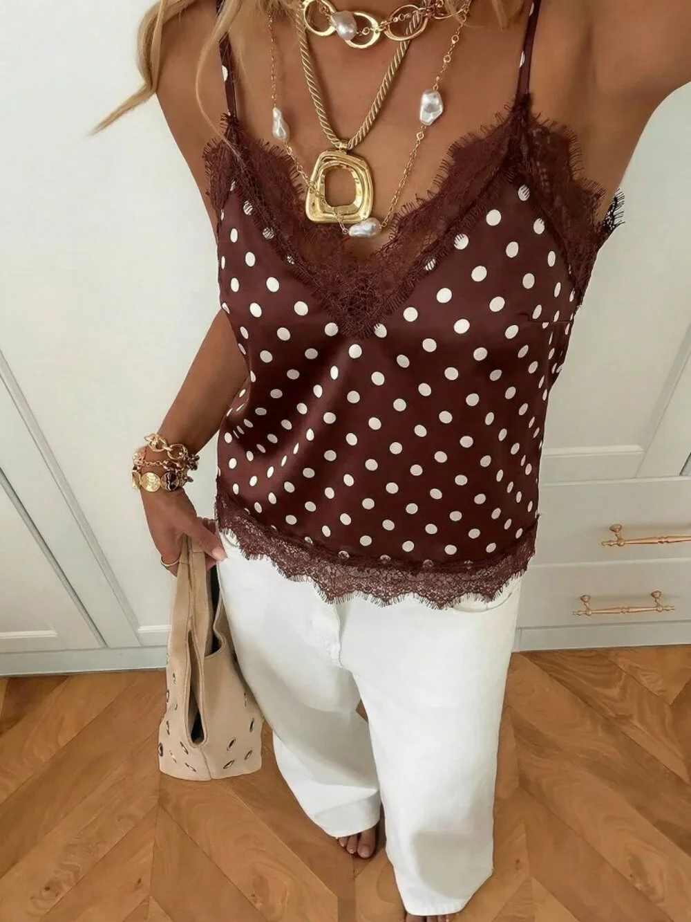 Coffee Brown Casual Women's Polka Dot & Lace Patchwork Camisole top